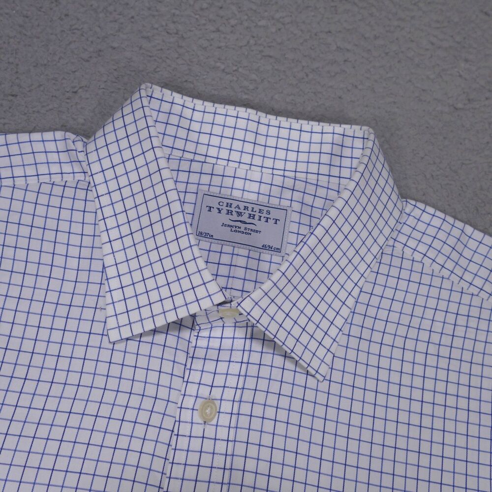 Charles Tyrwhitt Dress Shirt Mens 18-37 Blue White Check Non Iron Long Sleeve